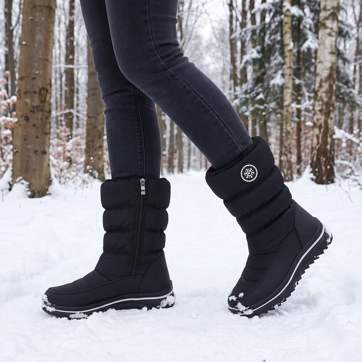 Winterstiefel Damen in Schwarz beim Spaziergang im verschneiten Wald