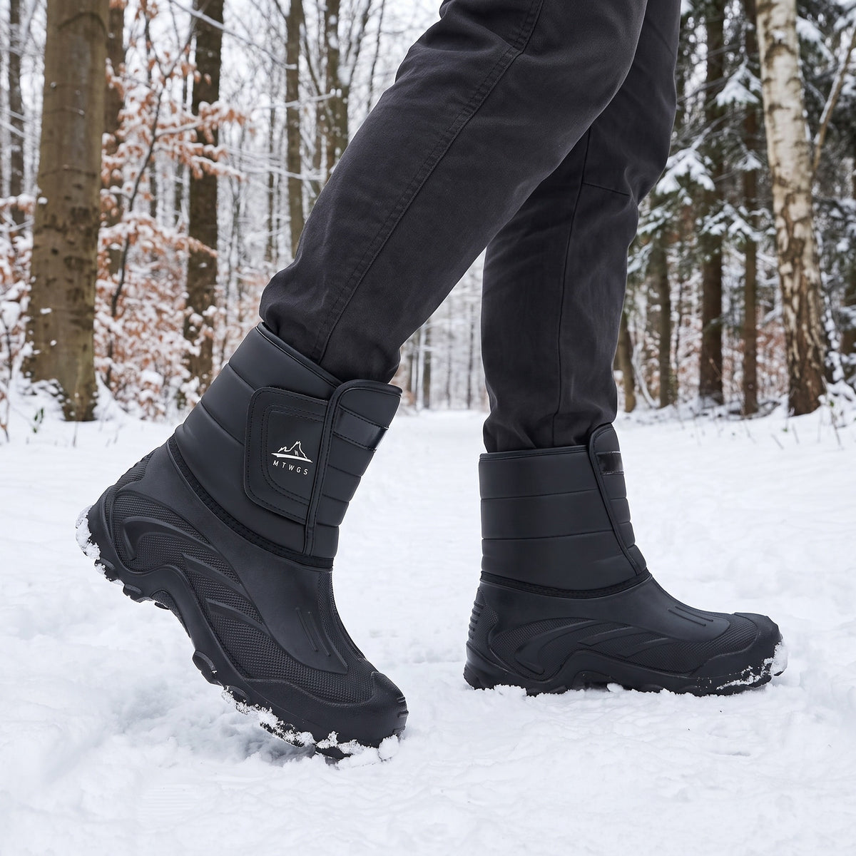 Winterstiefel Herren gefüttert in Schwarz beim Spaziergang auf einem verschneiten Waldweg