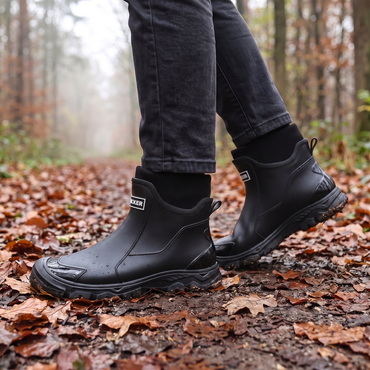 Gummistiefel gefüttert Damen & Herren in Schwarz beim Spaziergang auf einem nassen Waldweg im Herbst