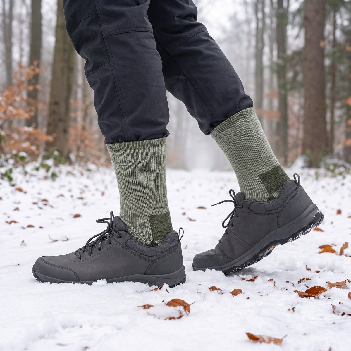Thermosocken mit 50 % Wolle an den Waden beim Spaziergang auf verschneitem Waldweg