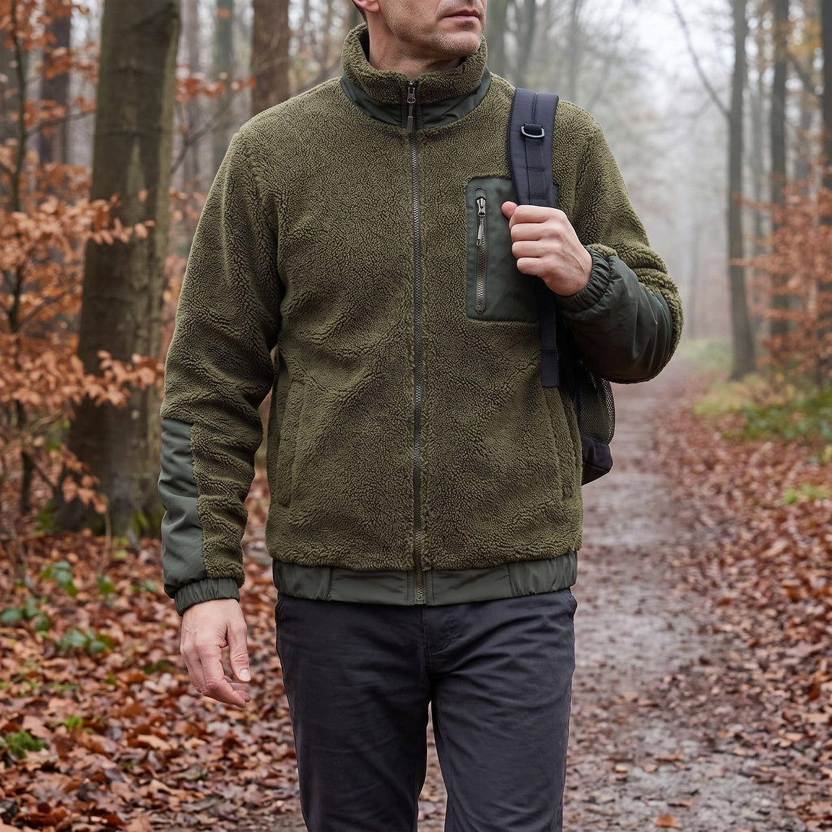 Fleecejacke Herren aus Teddyfleece in Olivgrün, getragen auf einem herbstlichen Waldweg