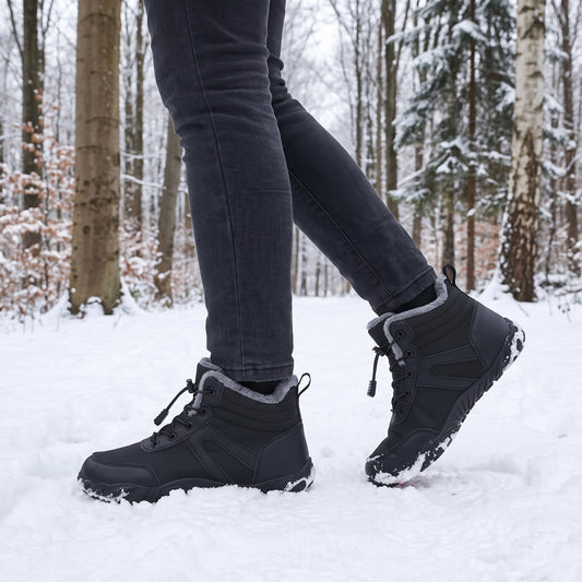 Winterschuhe Damen gefüttert in Schwarz beim Spaziergang im verschneiten Wald