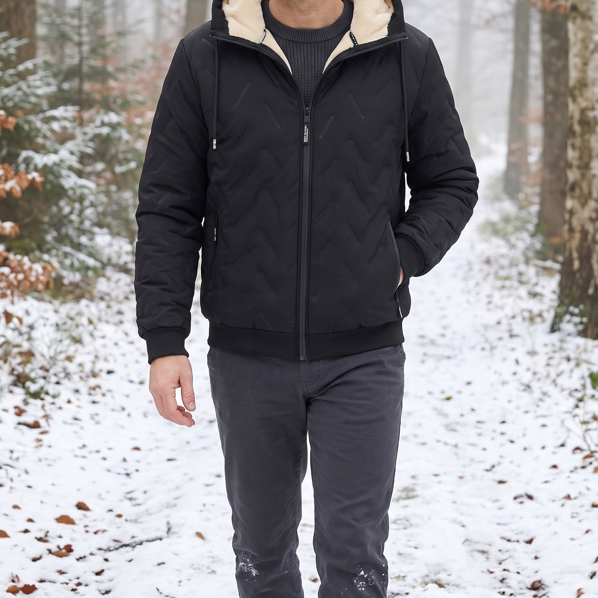 Winterjacke Herren in Schwarz mit Kapuze, getragen beim Spaziergang im verschneiten Wald