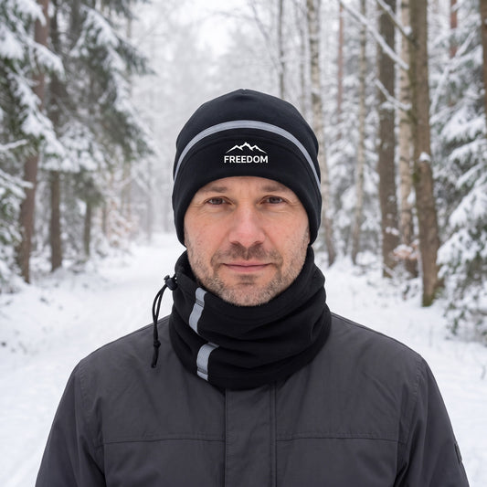 Schlauchschal und Mütze Set in Schwarz, getragen im verschneiten Winterwald