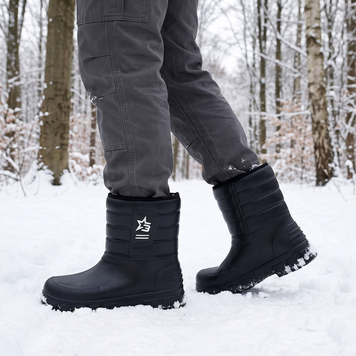 Winterstiefel Herren gefüttert in Schwarz beim Spaziergang im verschneiten Wald