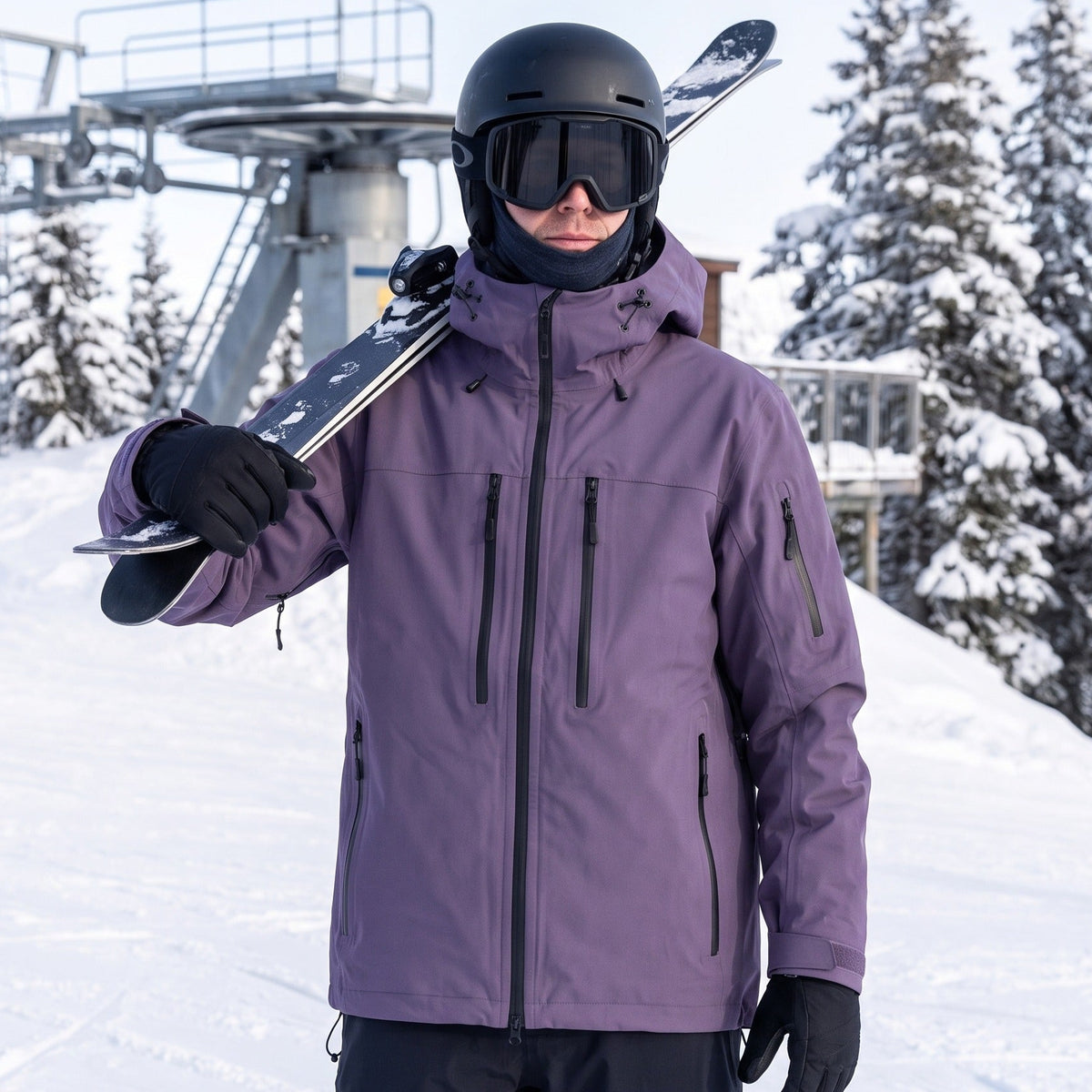 Skijacke Unisex – mit Ski auf der Schulter am Lift