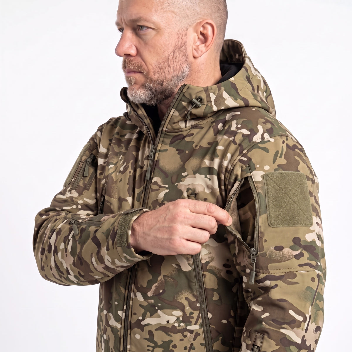Softshelljacke Herren Camouflage – Ärmeltasche mit Klettfläche