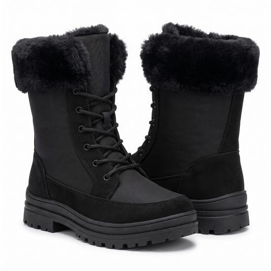 Winterstiefel Damen in Schwarz – Produktfoto auf Weiß mit Plüschkragen und Schnürung