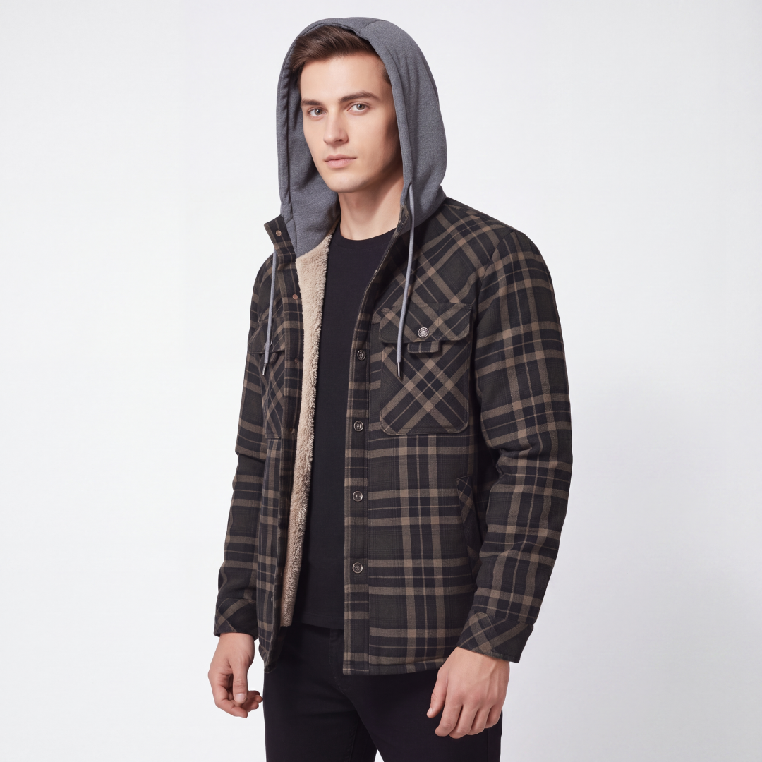Flanelljacke Herren mit Kapuze - Winddicht - Sherpa-gefüttert & Kariert