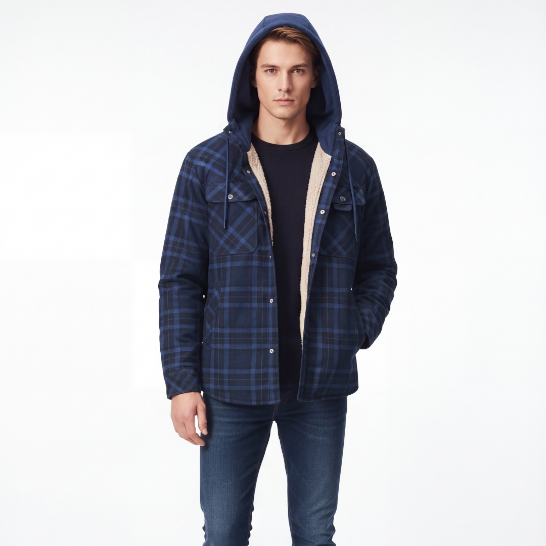 Flanelljacke Herren mit Kapuze - Winddicht - Sherpa-gefüttert & Kariert