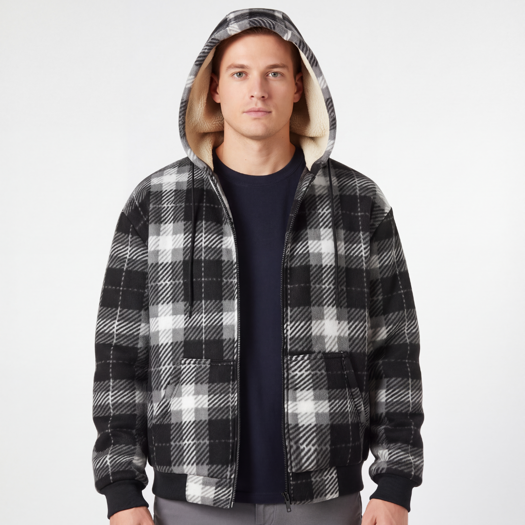 Karo-Jacke Herren - Winddicht - Verdickt mit Sherpa-Futter & Kapuze