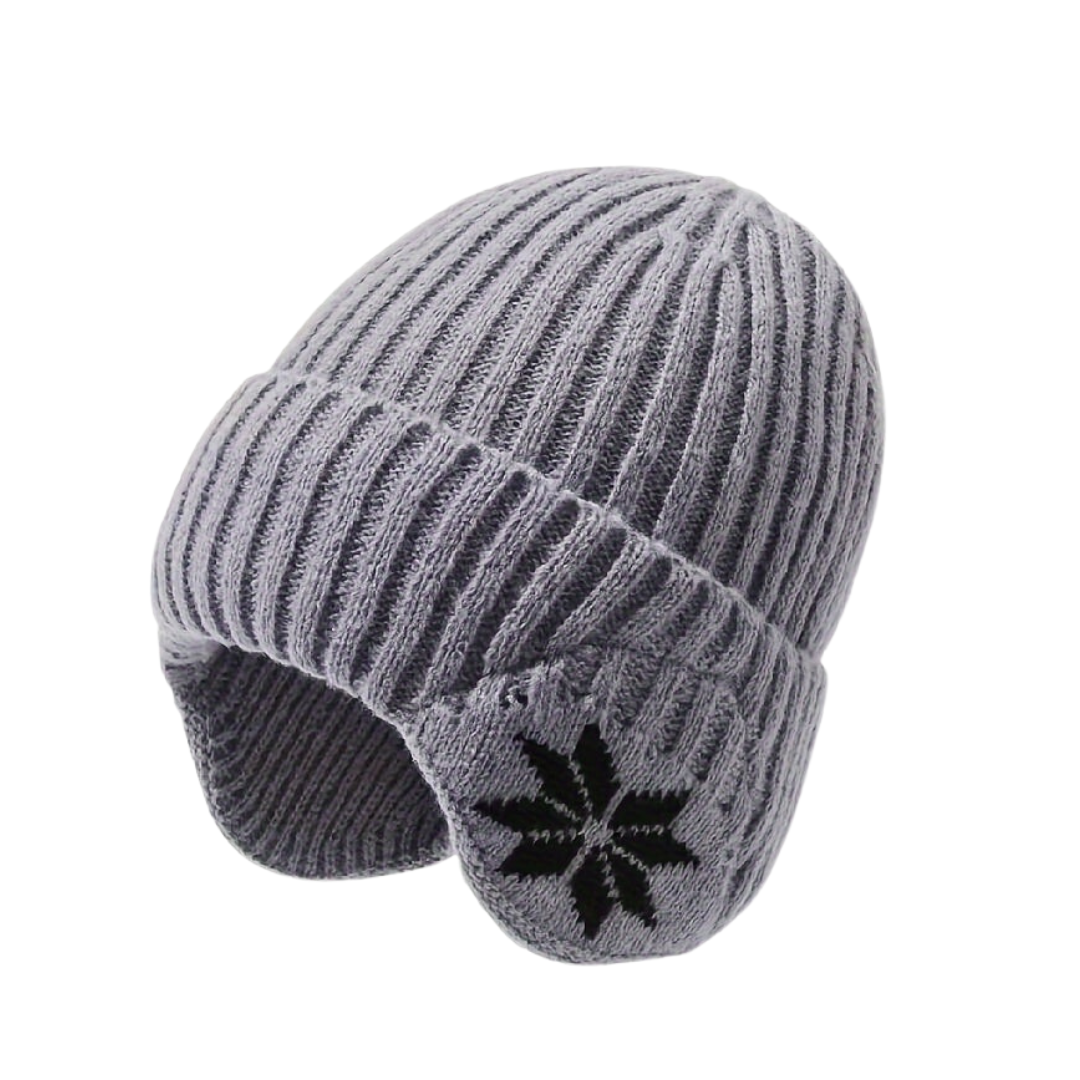 Mütze mit Ohrenklappen - Strickmütze Unisex - Schneeflockenmuster