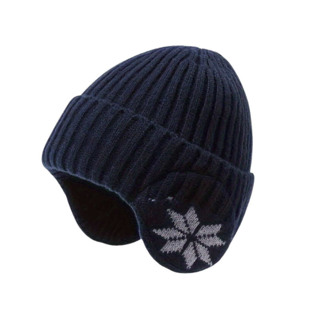 Mütze mit Ohrenklappen - Strickmütze Unisex - Schneeflockenmuster