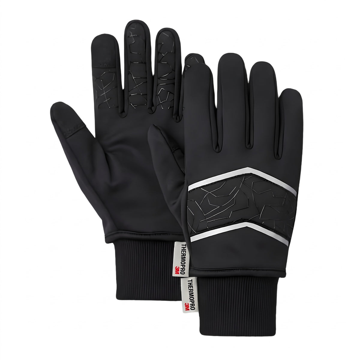 Winterhandschuhe in Schwarz mit Touchscreen-Fingerkuppen und silbernen Streifen