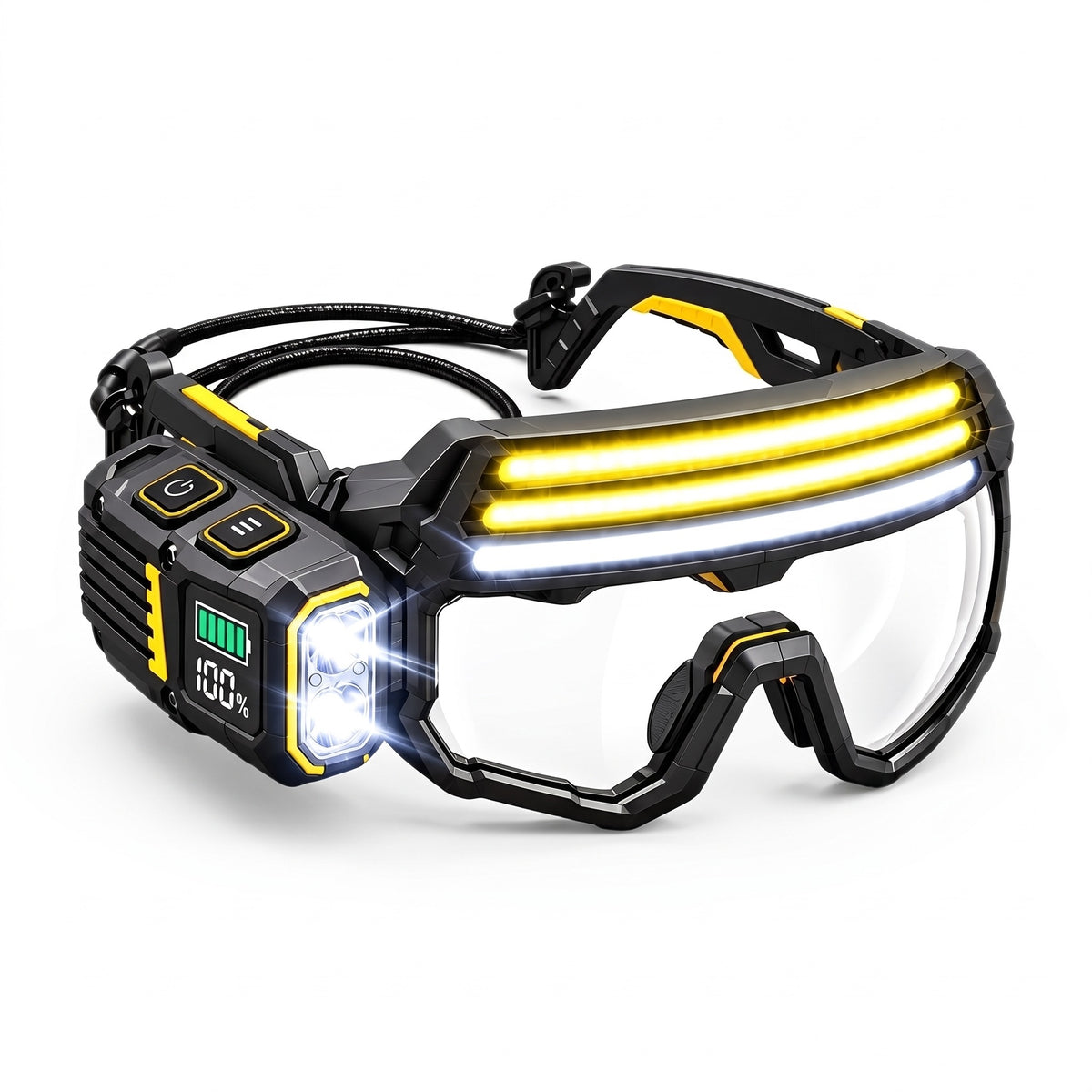 Stirnlampe LED als Leuchtbrille in Schwarz-Gelb, Packshot auf weißem Hintergrund