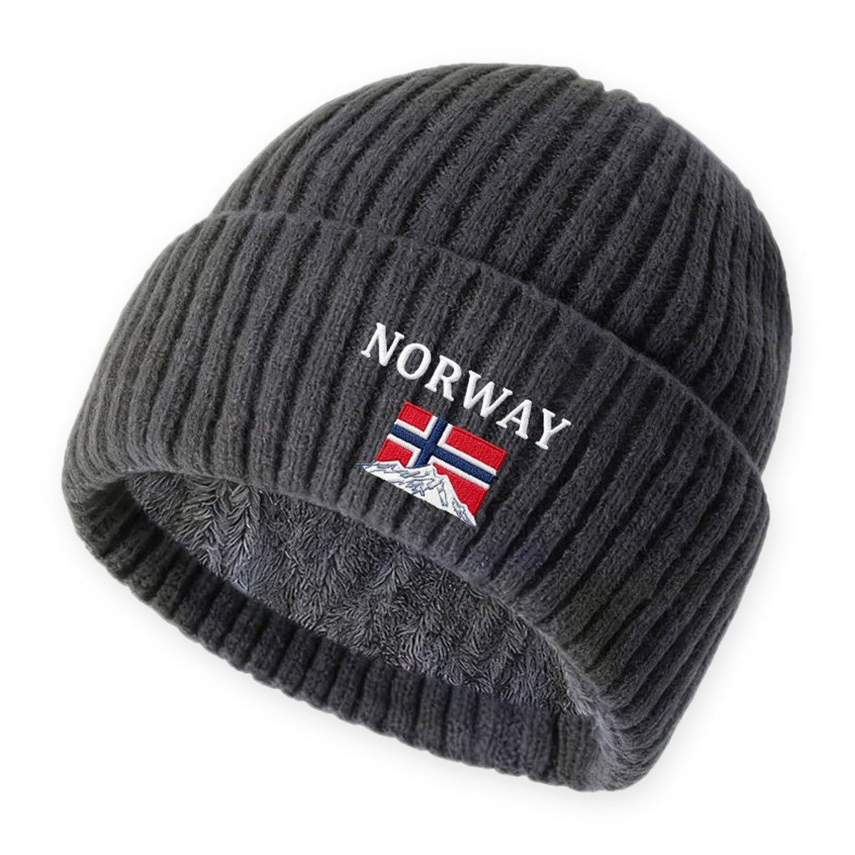 Wintermütze Herren, Farbe: Dunkelgrau, mit NORWAY-Stickerei auf weißem Hintergrund
