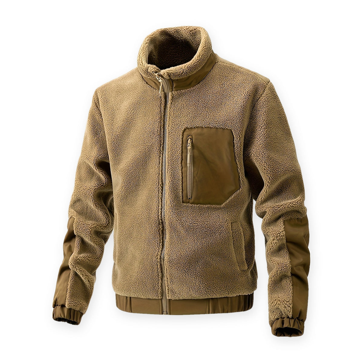 Fleecejacke Herren in Camel aus Teddyfleece mit Stehkragen