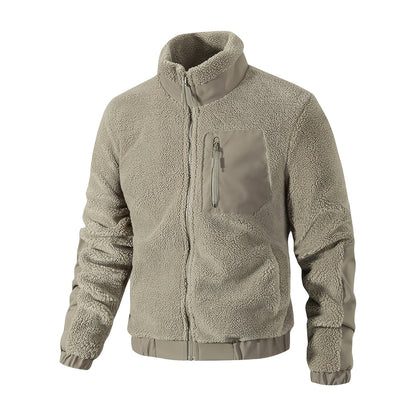 Fleecejacke Herren in Taupe aus Teddyfleece mit Stehkragen