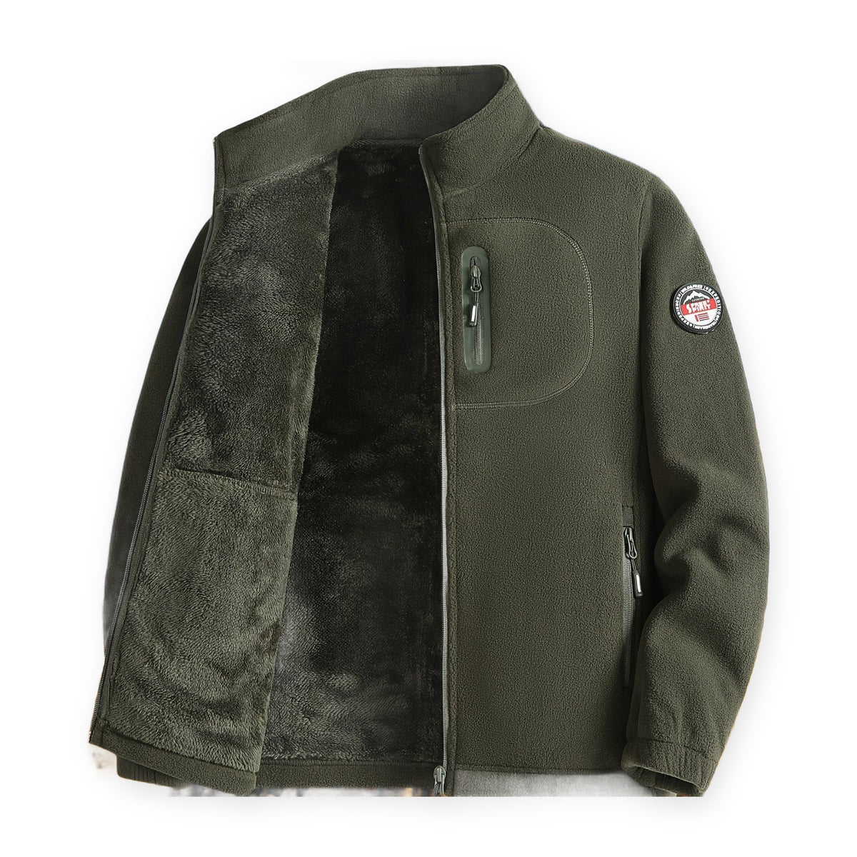 Fleecejacke Herren in Moosgrün mit Plüschfutter, Packshot auf weißem Hintergrund