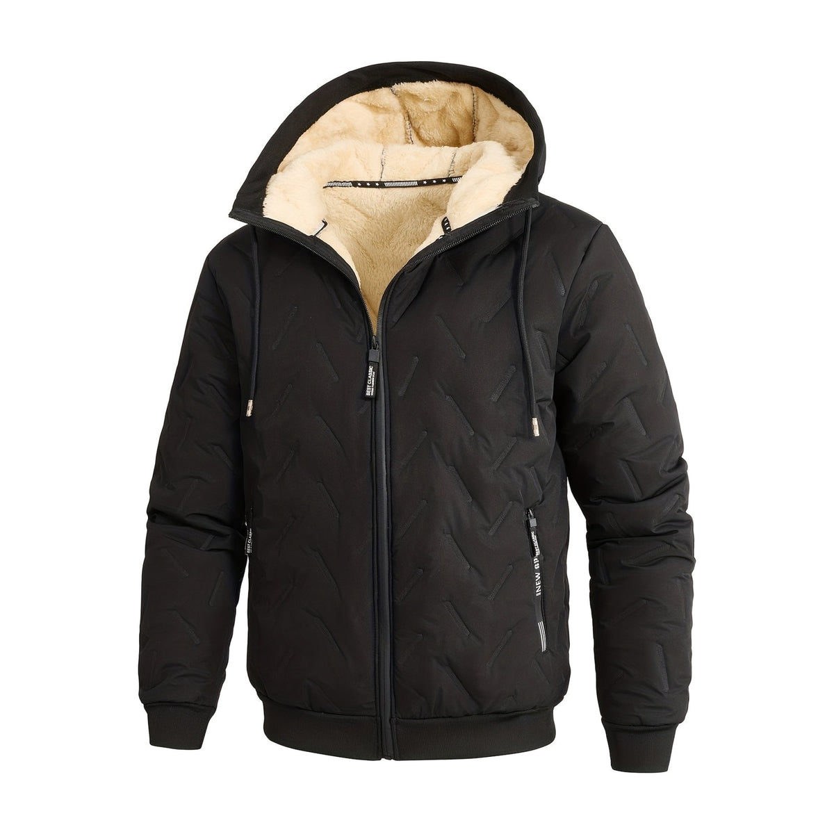 Winterjacke Herren mit Kapuze in Schwarz: Plüschfutter und Reißverschlusstaschen, Packshot auf weißem Hintergrund
