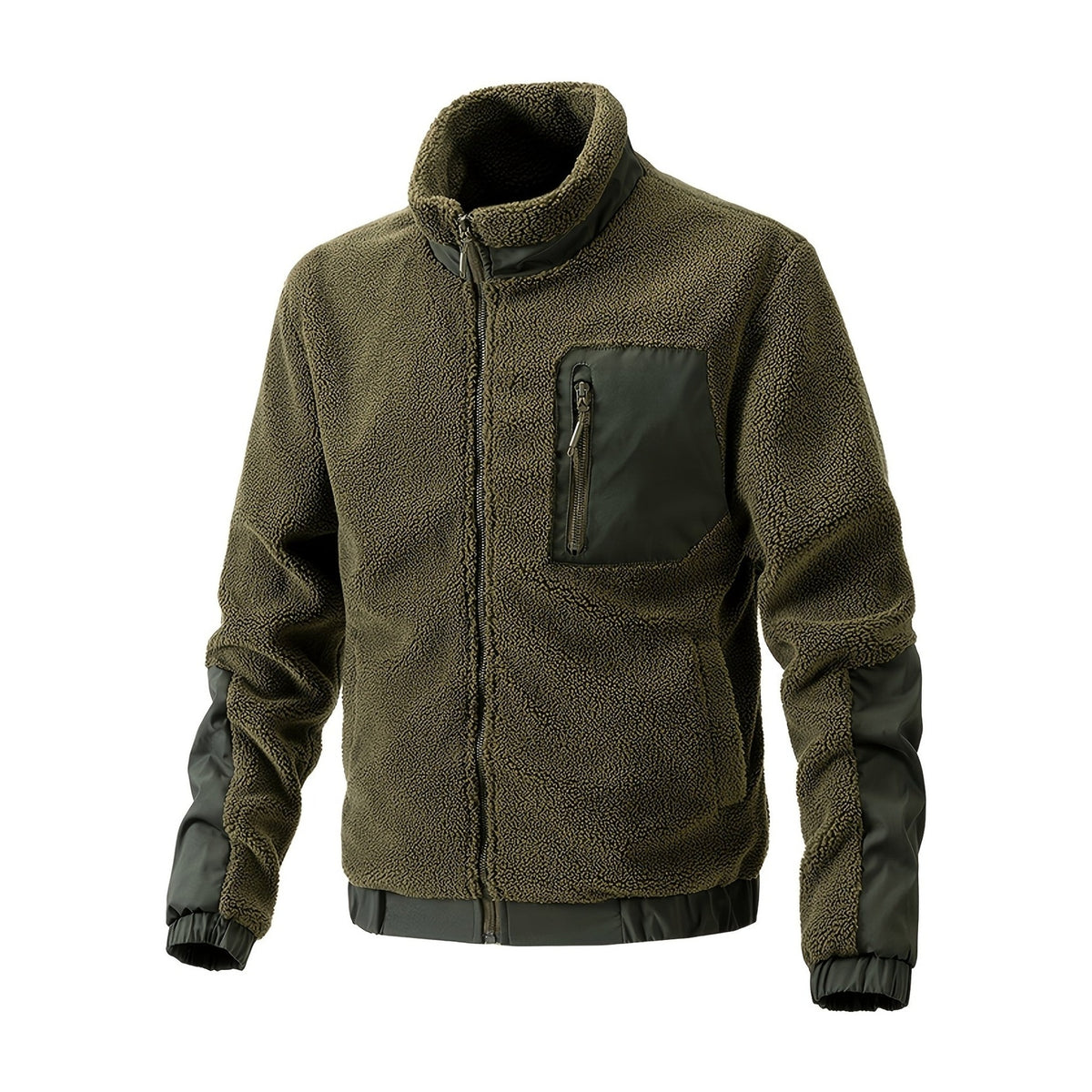 Fleecejacke Herren in Olivgrün mit Stehkragen und Brusttasche mit Reißverschluss, auf weißem Hintergrund