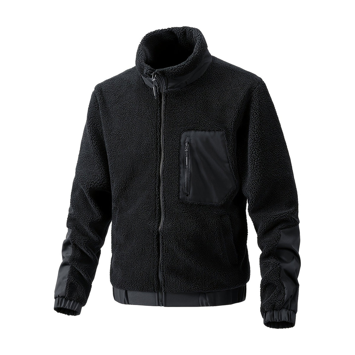 Fleecejacke Herren in Schwarz aus Teddyfleece mit Stehkragen