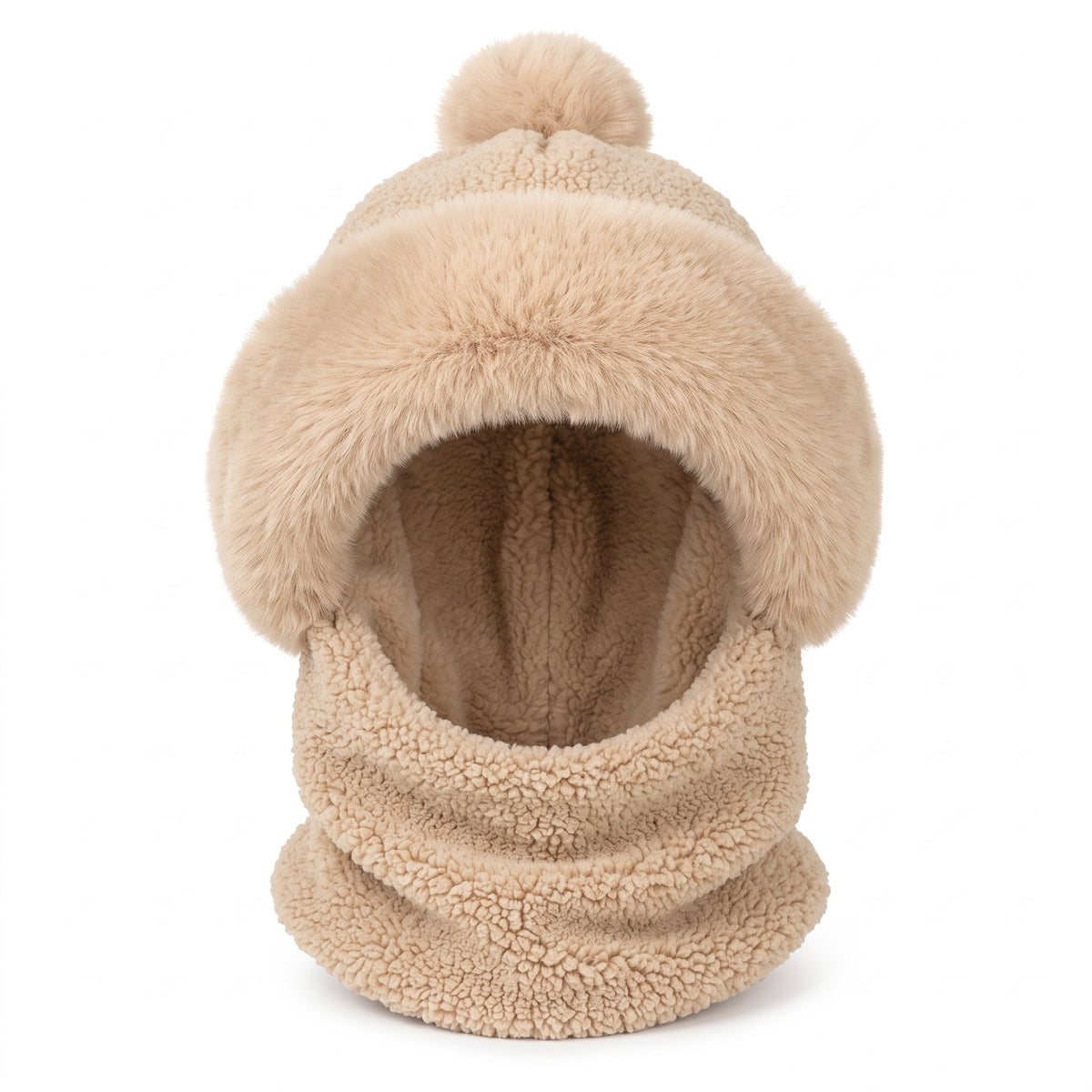 Mütze Schal Set Damen in Beige – Wintermütze mit Bommel und Plüschrand, Schalteil aus Teddyfleece, Packshot auf Weiß