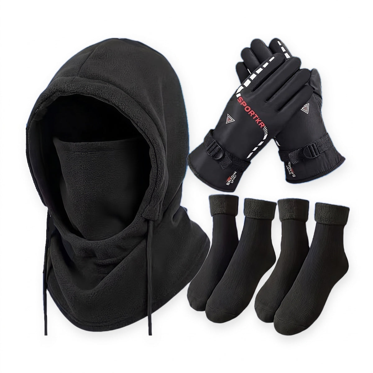 Sturmhaube Winter Set 4-teilig: Sturmhaube, Handschuhe und zwei Paar Thermosocken auf weißem Hintergrund