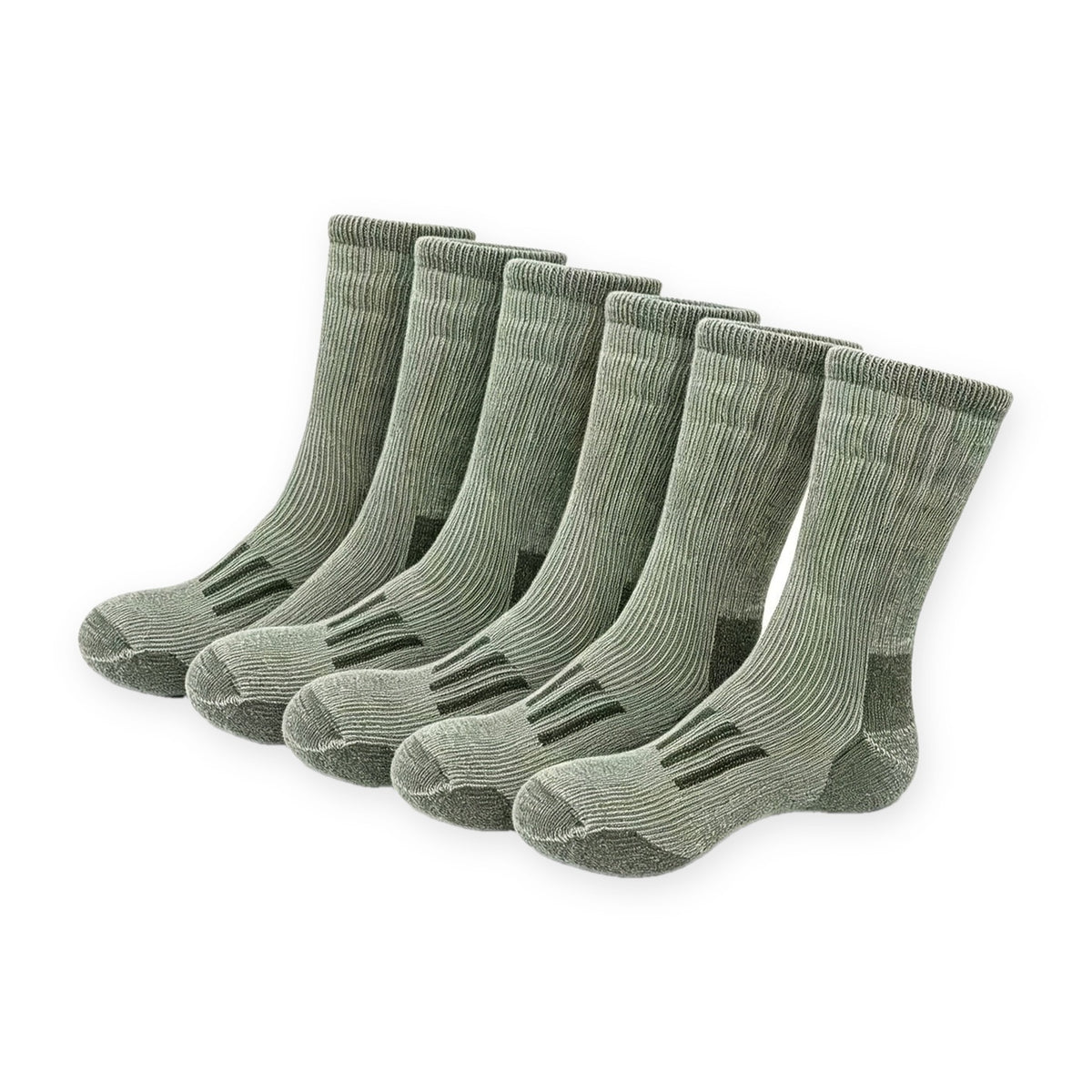 Thermosocken im 3er-Pack in Olivgrün mit dunkler Ferse und Spitze auf weißem Hintergrund