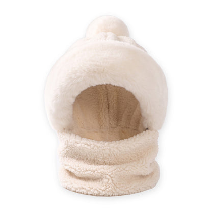 Mütze Schal Set Damen in Weiß – Teddyfleece mit weißem Plüschrand und Bommel