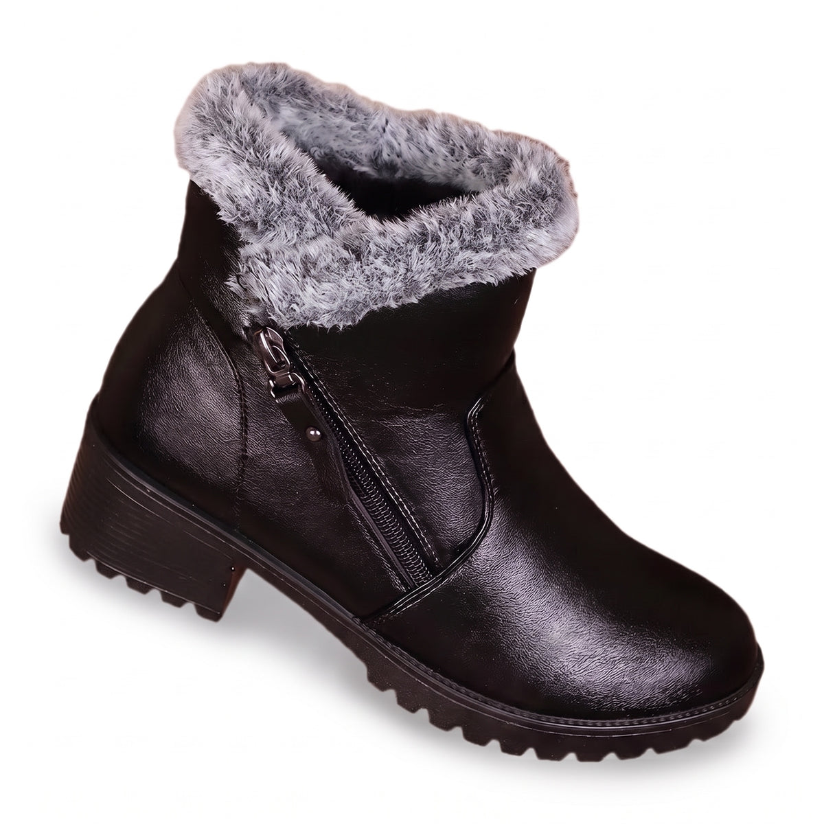 Winterstiefel Damen Schwarz mit seitlichem Reißverschluss und Blockabsatz auf weißem Hintergrund