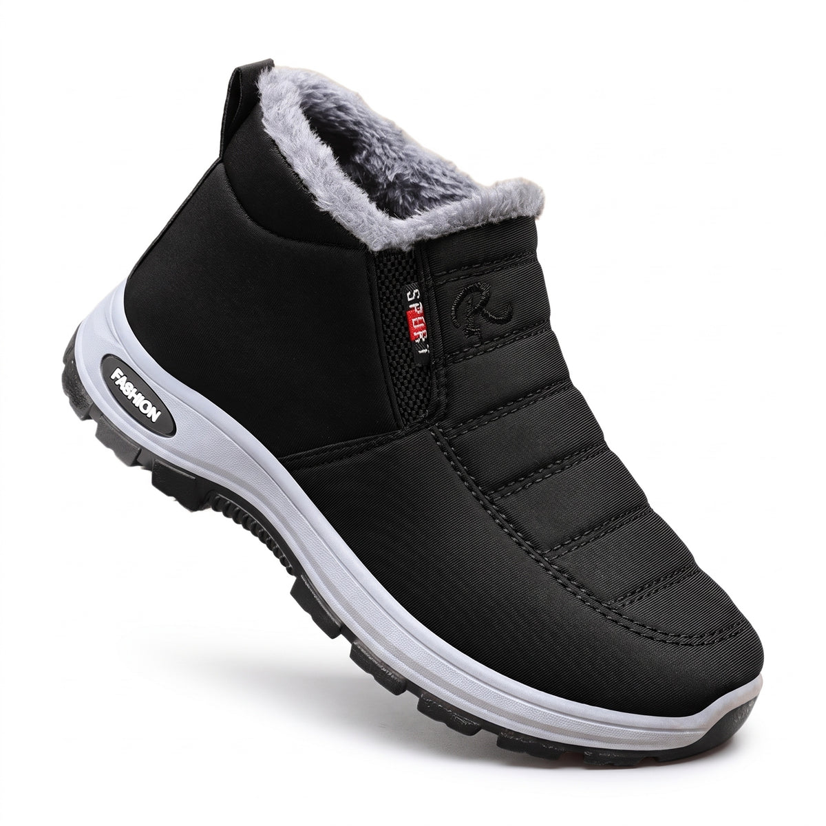 Winterschuhe Damen & Herren in Schwarz mit Plüschfutter, Slip-on auf weißem Hintergrund