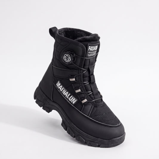 Winterstiefel Damen Schwarz mit Drehverschluss und Plüschfutter, Seitenansicht auf Weiß