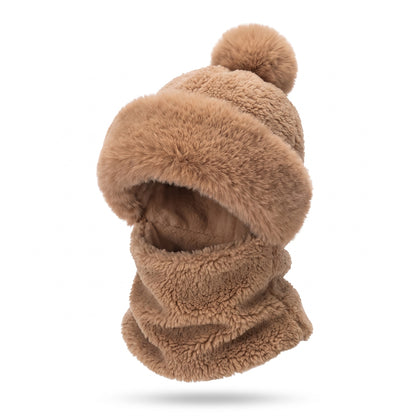 Mütze Schal Set Damen in Hellbraun – Wintermütze mit Bommel und passendem Schal
