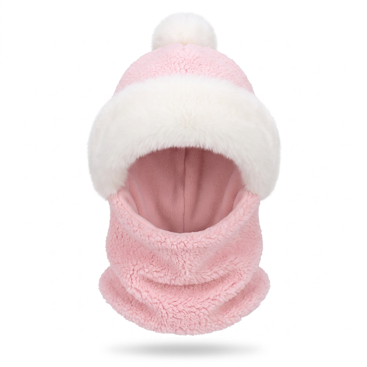 Mütze Schal Set Damen in Rosa – rosa Teddyfleece mit weißem Plüschrand und weißem Bommel