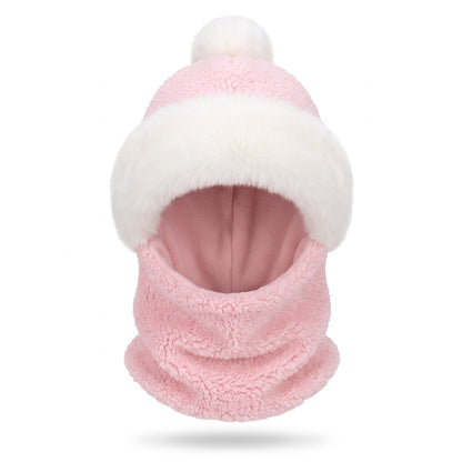 Mütze Schal Set Damen in Rosa – rosa Teddyfleece mit weißem Plüschrand und weißem Bommel