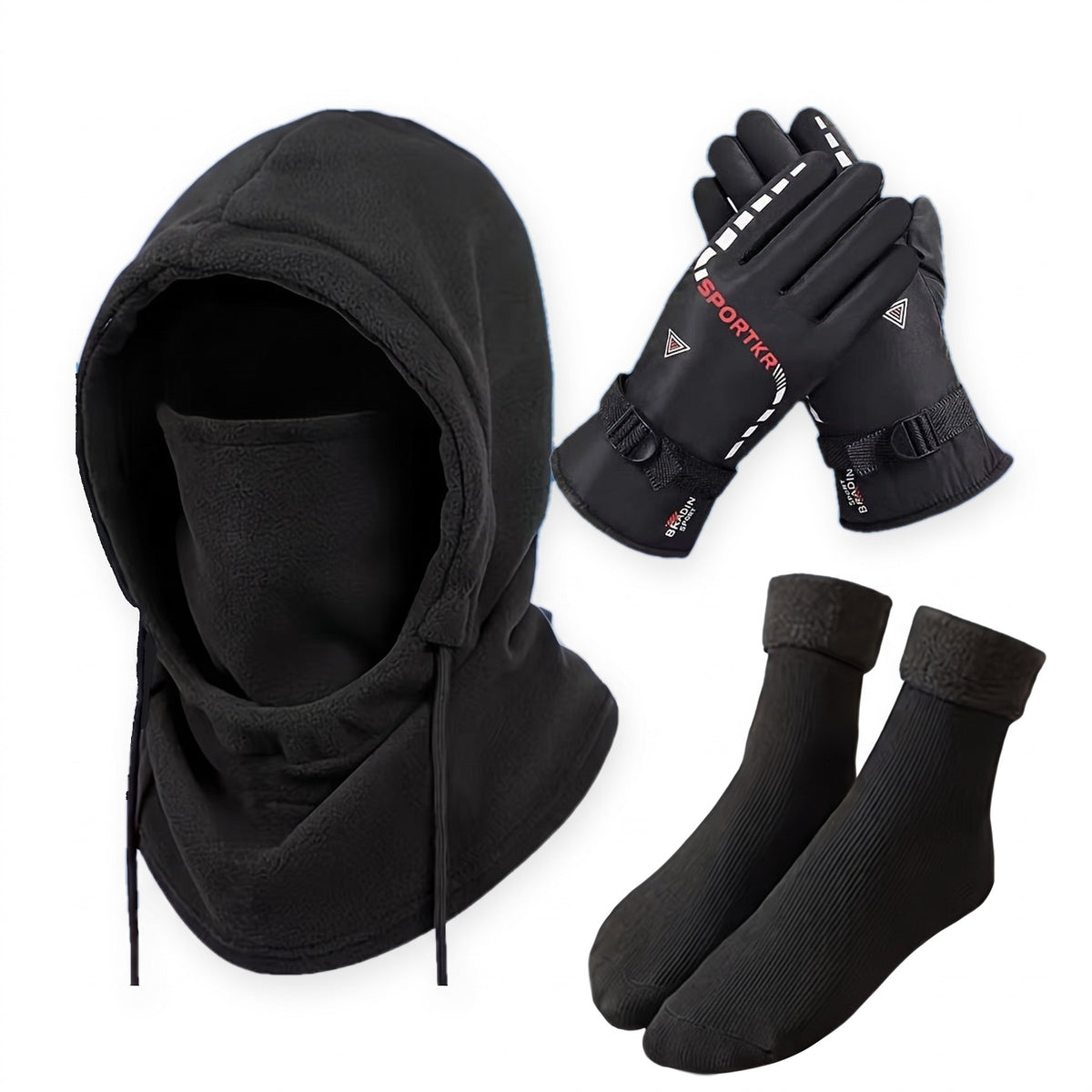 Sturmhaube Winter Set 3-teilig: Sturmhaube, Handschuhe und ein Paar Thermosocken