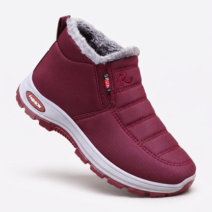 Winterschuhe Damen & Herren in Weinrot mit grauem Plüschkragen auf weißem Hintergrund