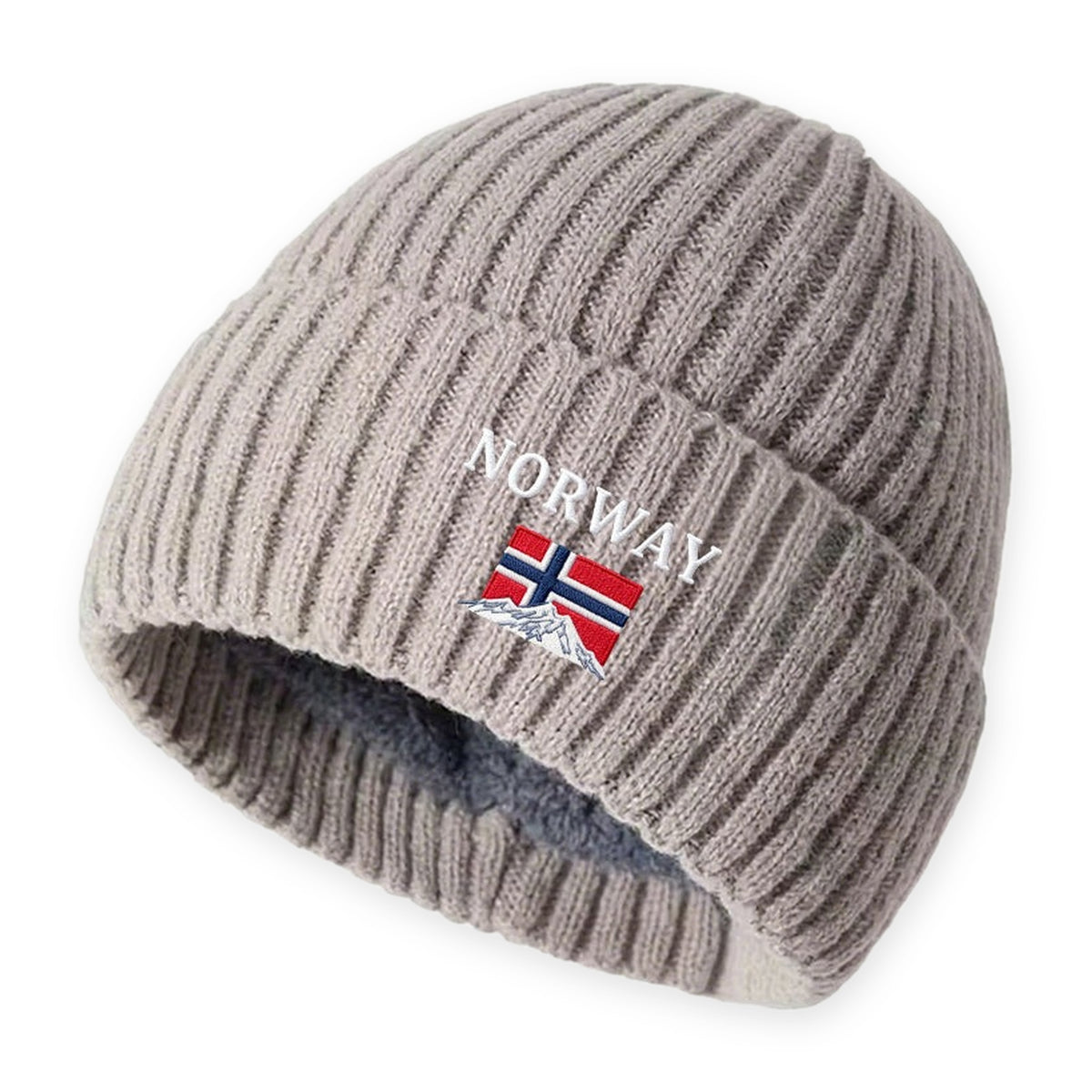 Wintermütze Herren, Farbe: Beige, mit NORWAY-Stickerei auf weißem Hintergrund