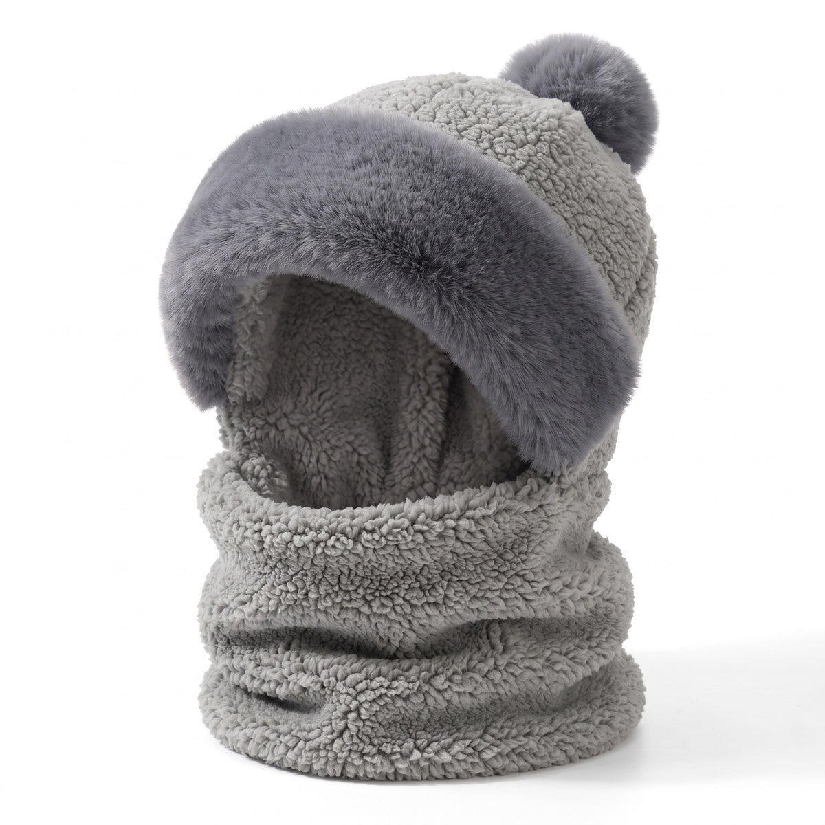 Mütze Schal Set Damen in Grau – Teddyfleece mit grauem Plüschrand und Bommel