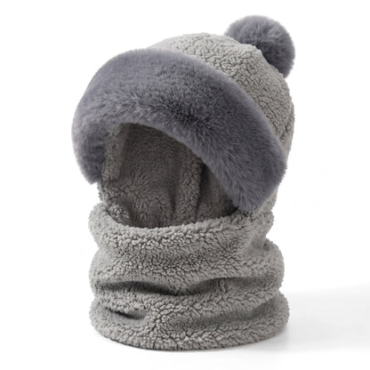 Mütze Schal Set Damen in Grau – Teddyfleece mit grauem Plüschrand und Bommel