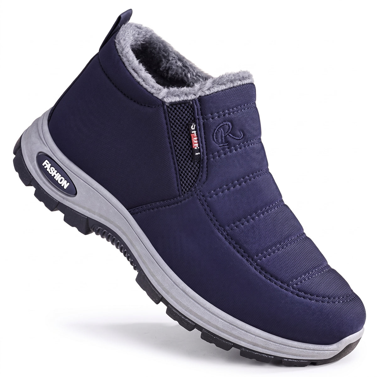 Winterschuhe Damen & Herren in Marineblau, gesteppter Slip-on-Schuh auf weißem Hintergrund