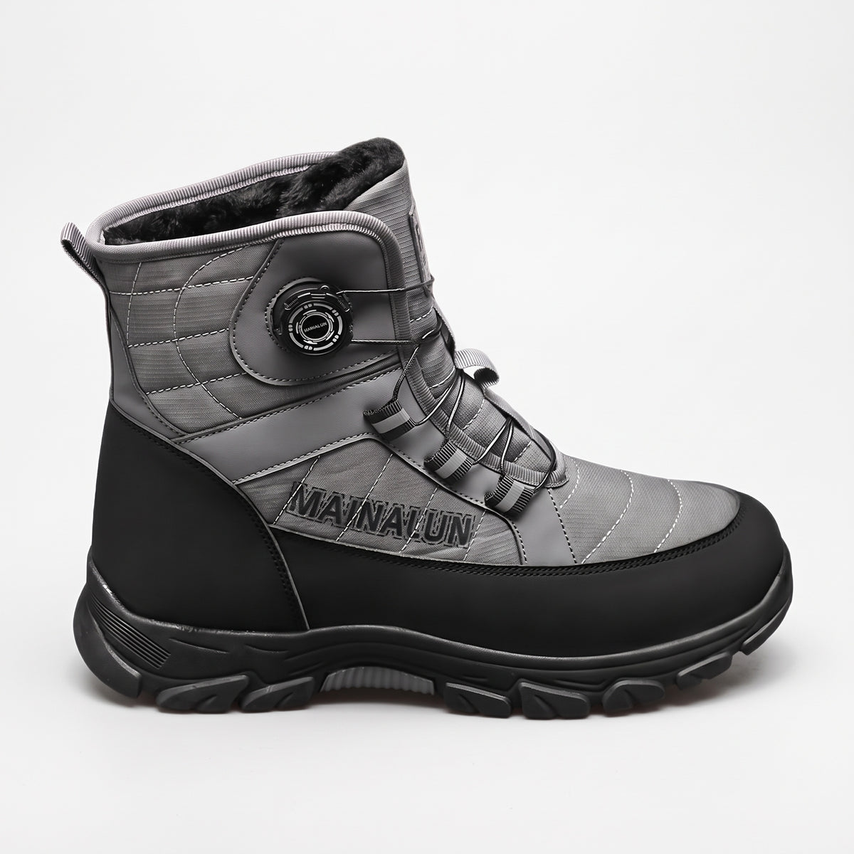 Winterstiefel Damen in Grau und Schwarz mit Profilsohle auf weißem Hintergrund