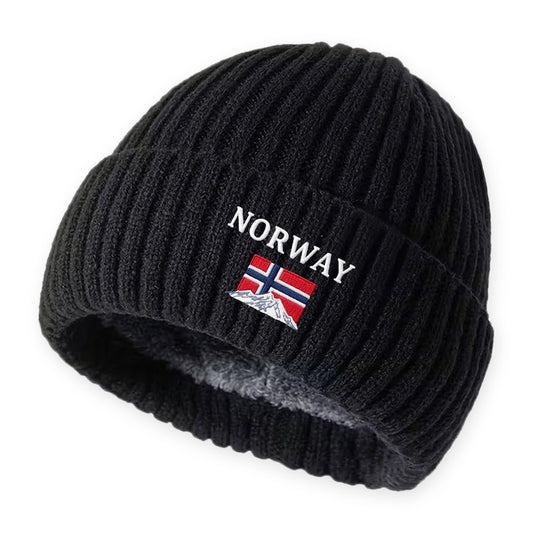 Wintermütze Herren Schwarz mit umgeschlagenem Rand und Norwegen-Flagge auf weißem Hintergrund