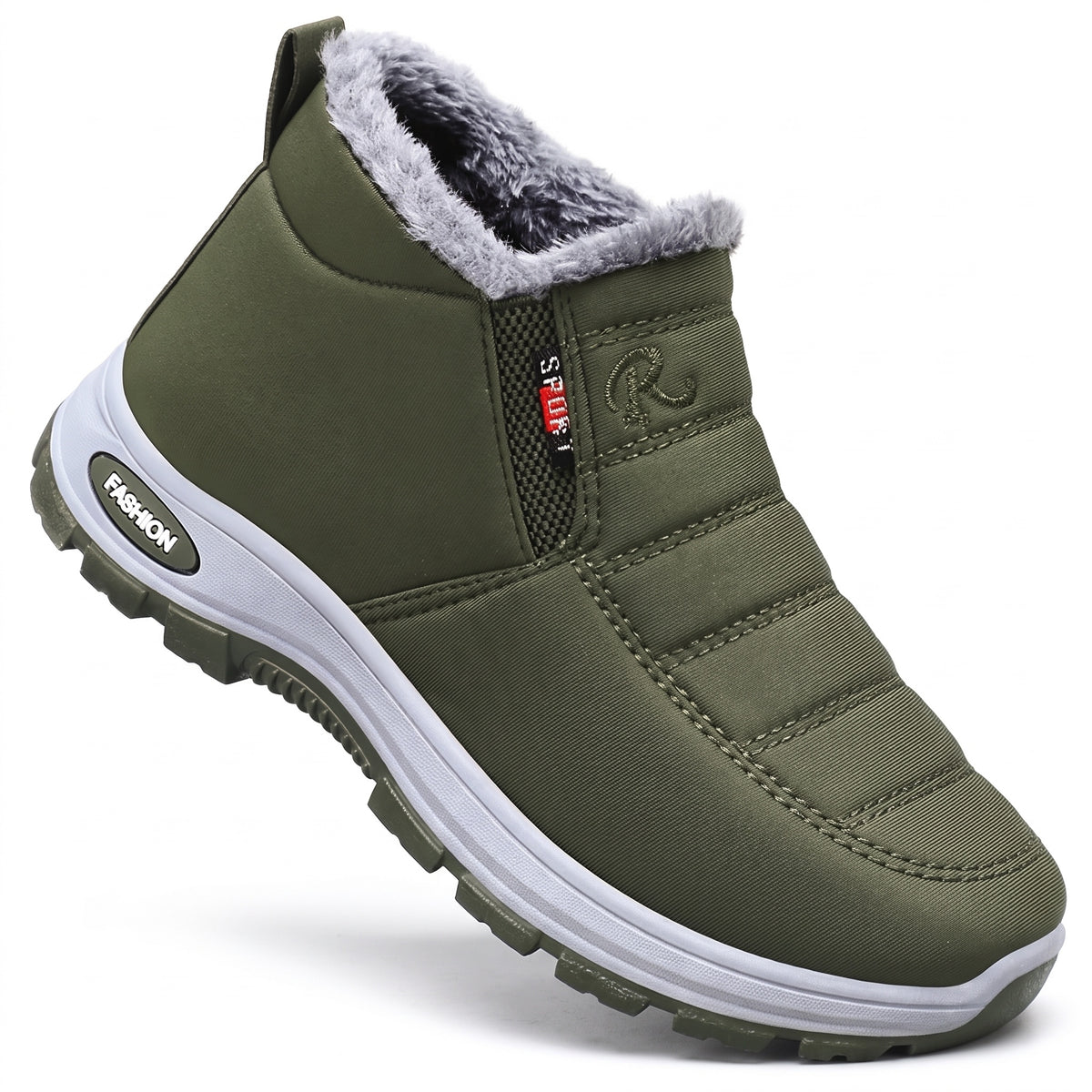 Winterschuhe Damen & Herren in Olivgrün mit Profilsohle auf weißem Hintergrund