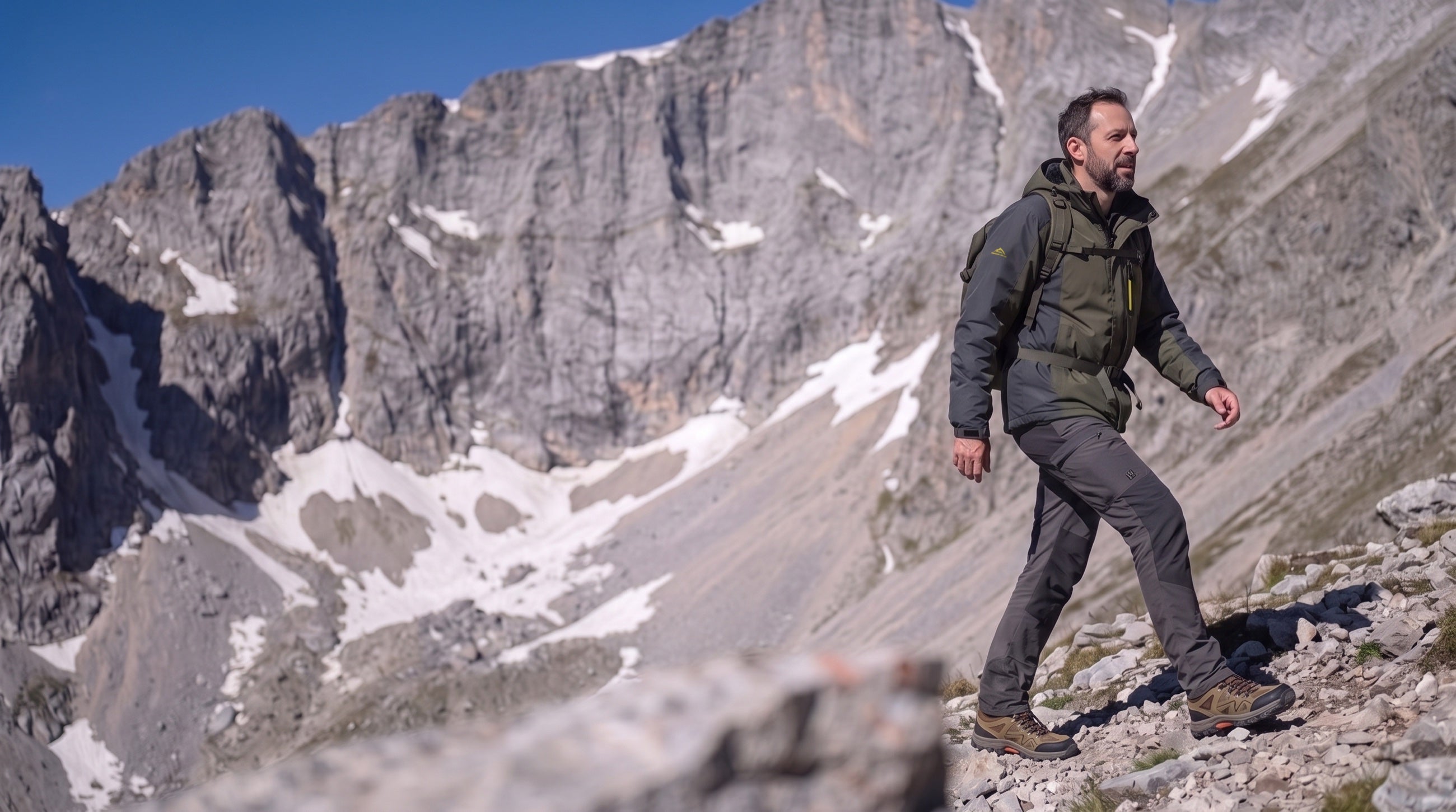 Wanderer in gefütterter Outdoorjacke auf einem Bergkamm